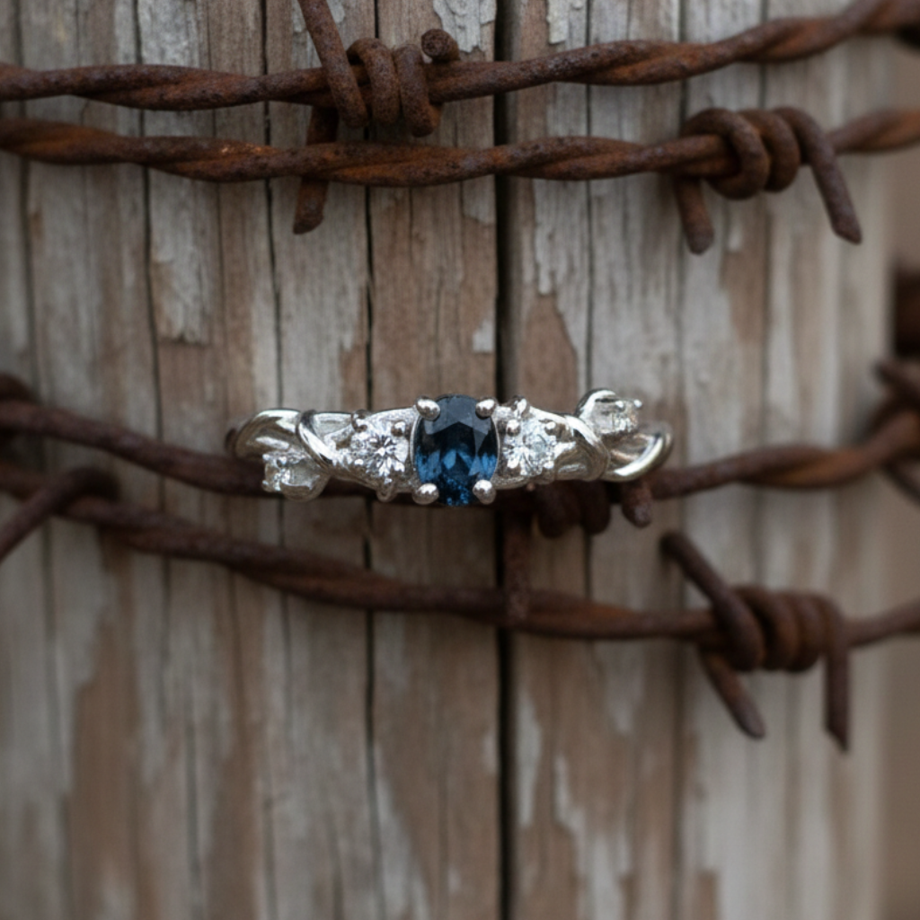 Silver ring with a blue gemstone on a crystal background