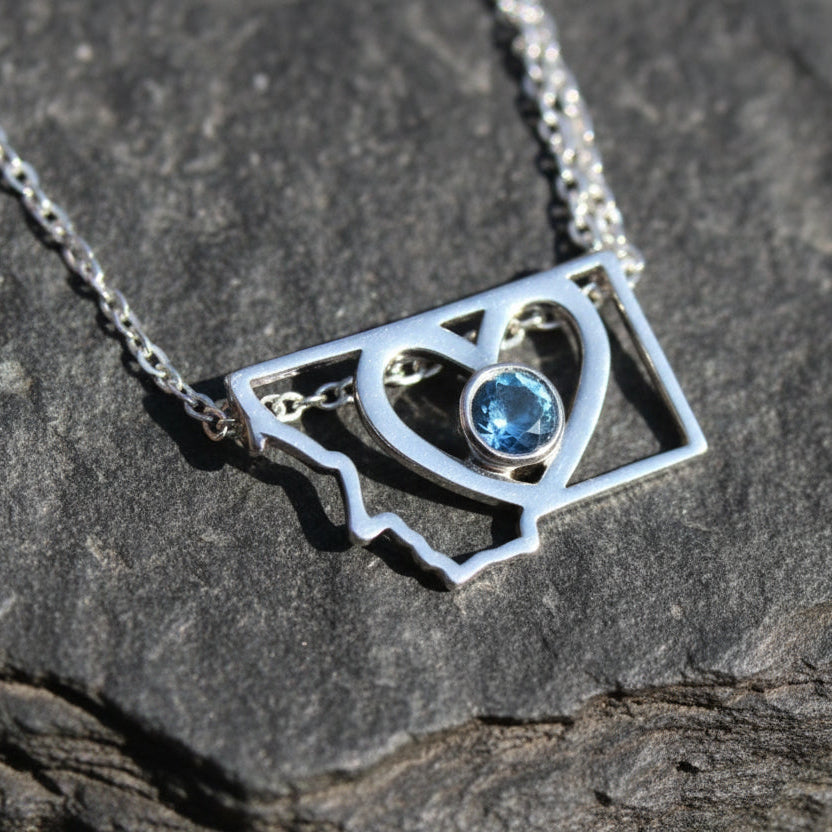 Montana state necklace with heart-shaped gemstone